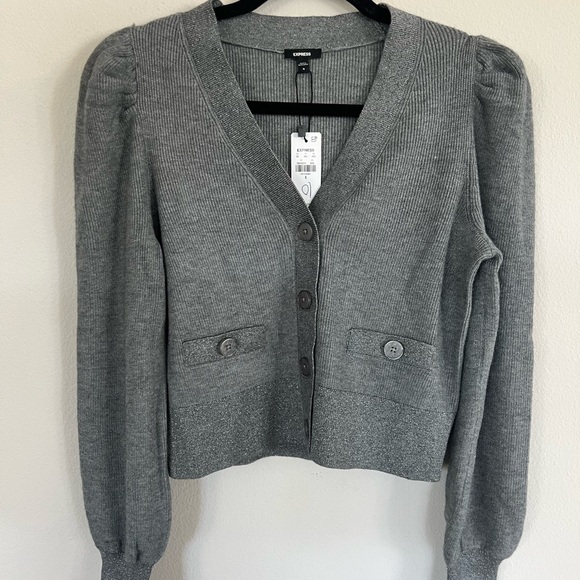 Express Sweaters - Express Shine Tipped V-Neck Cardigan Gray